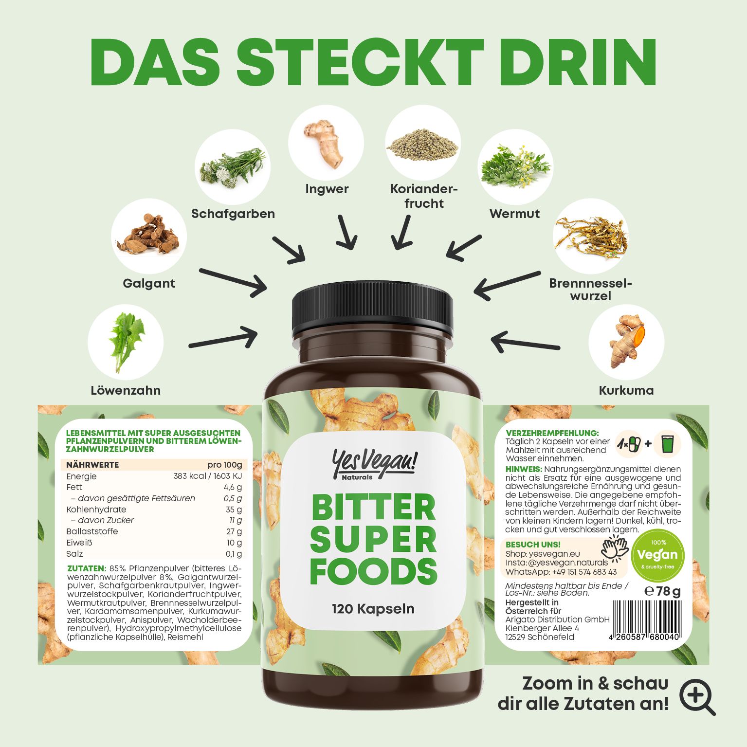 Braune Flasche mit schwarzen Deckel. Aufschrift: Bitter Super Foods, 120 Kapseln. Zutaten: Ingwer, Kurkuma, Löwenzahn, Wermut, Schafgarbe, etc. Vegan.