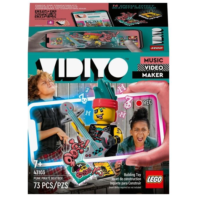 LEGO VIDIYO Punk Pirate BeatBox. La confezione mostra un bambino che tiene in mano uno smartphone che mostra un personaggio LEGO. Il set contiene 73 pezzi ed è destinato a bambini dai 7 anni in su. È un giocattolo per la creazione di video musicali.