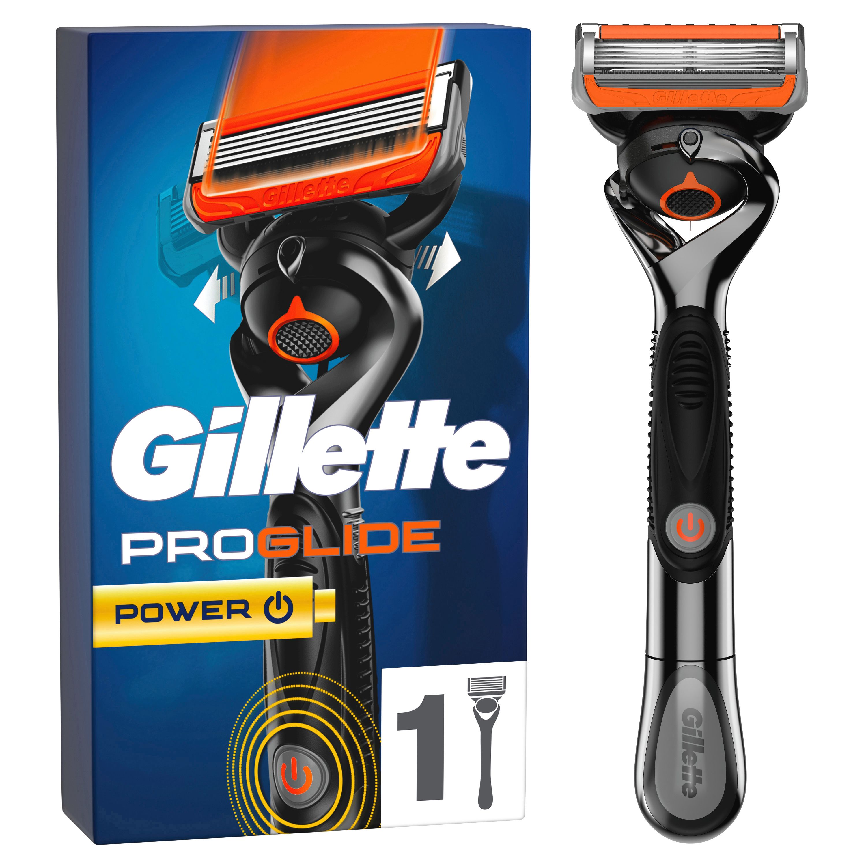 Rasierapparat und Ersatzklinge. Schwarzer Griff, silberner Kopf. Orangefarbene Akzente. Verpackung mit Produktabbildung und Schriftzug.