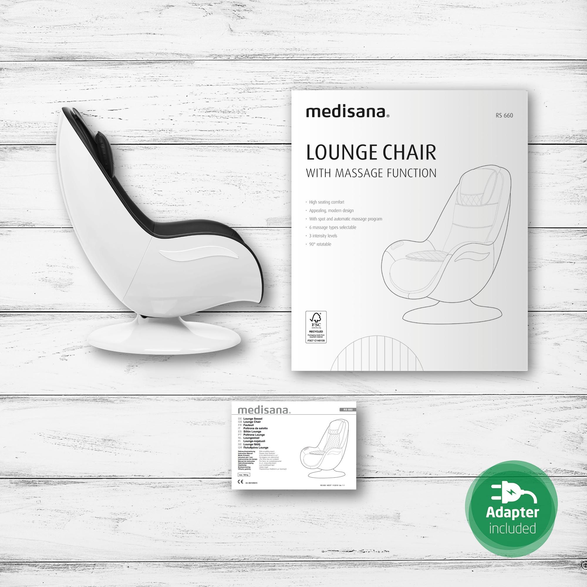 Verpackung und Massagesessel von medisana, mit Hinweisen zu Funktionen und Adapter inklusive.