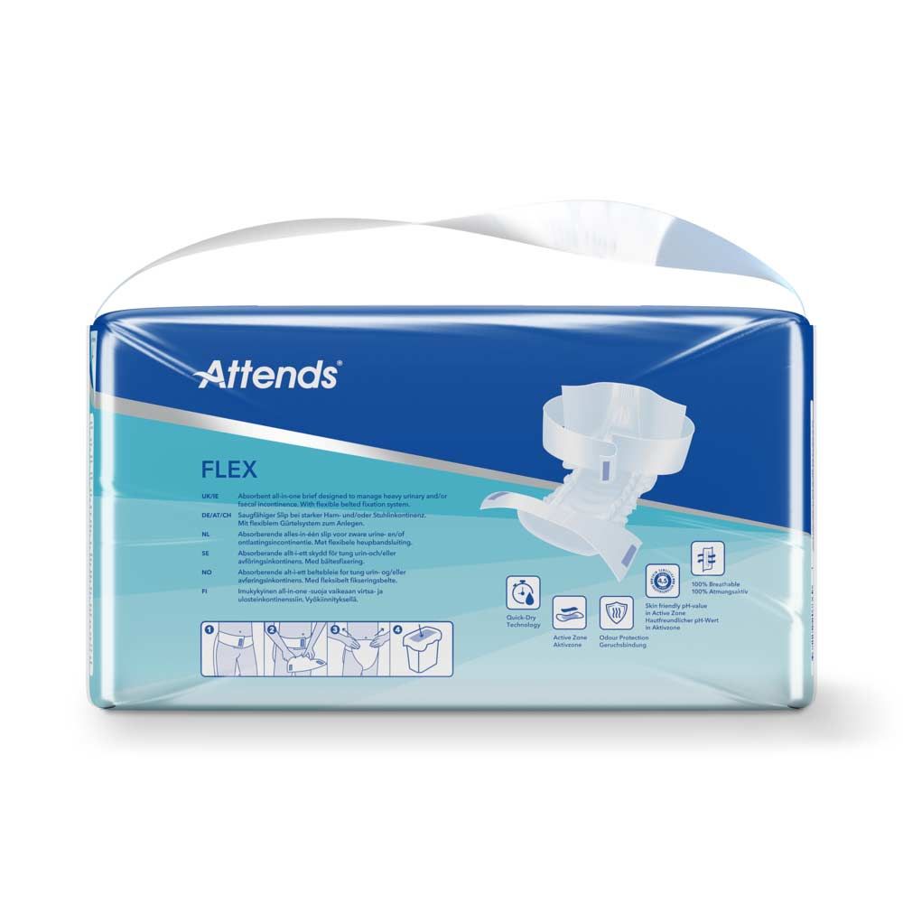 Attends Flex Packung. Blaue Verpackung mit Produktabbildung, Größenangabe und Logo. Illustrationen zur Anwendung.
