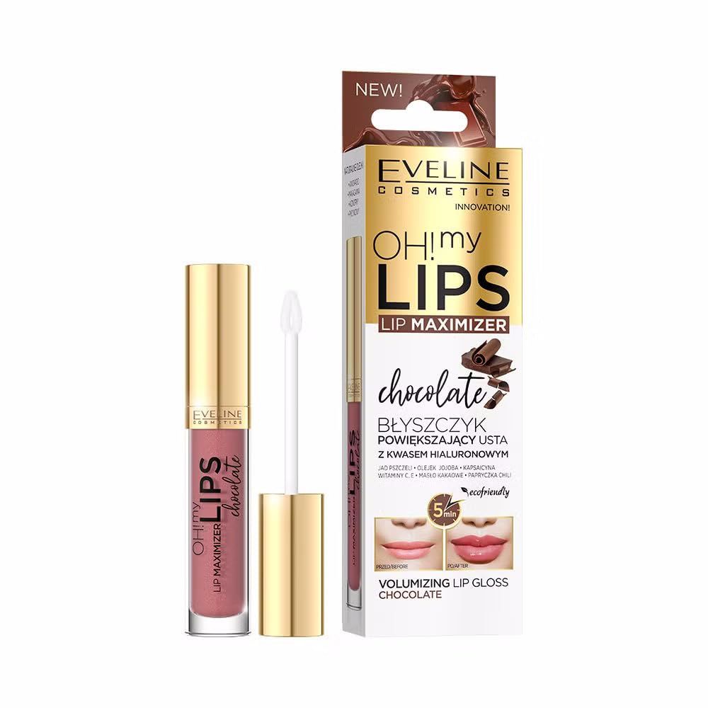 Eveline Cosmetics Oh! My Lips Lip Maximizer Chocolate. Lippen-Gloss mit Verpackung. Vorher-Nachher-Effekt.
