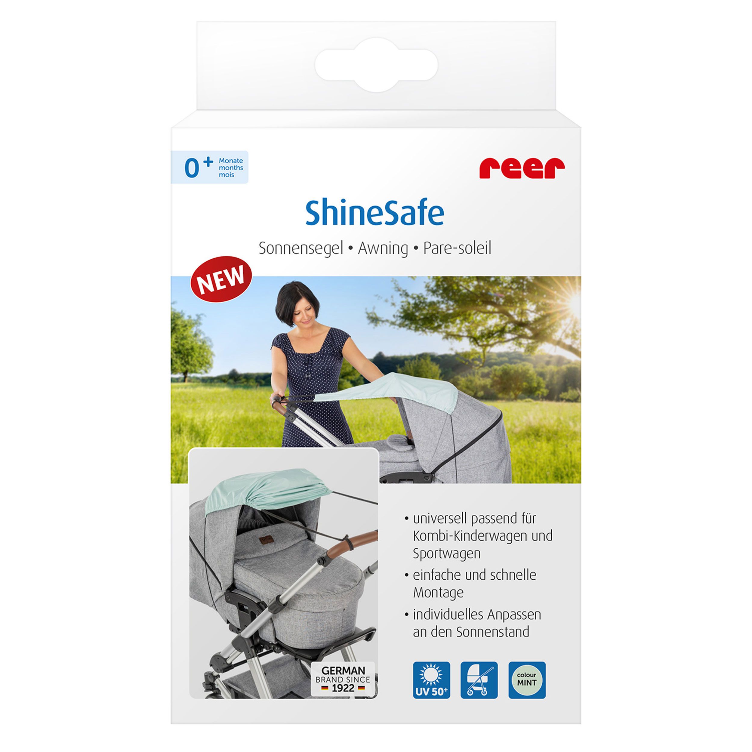 Reer ShineSafe Sonnensegel für Kinderwagen. Hellgrün, faltbar. UV 50+ Schutz.