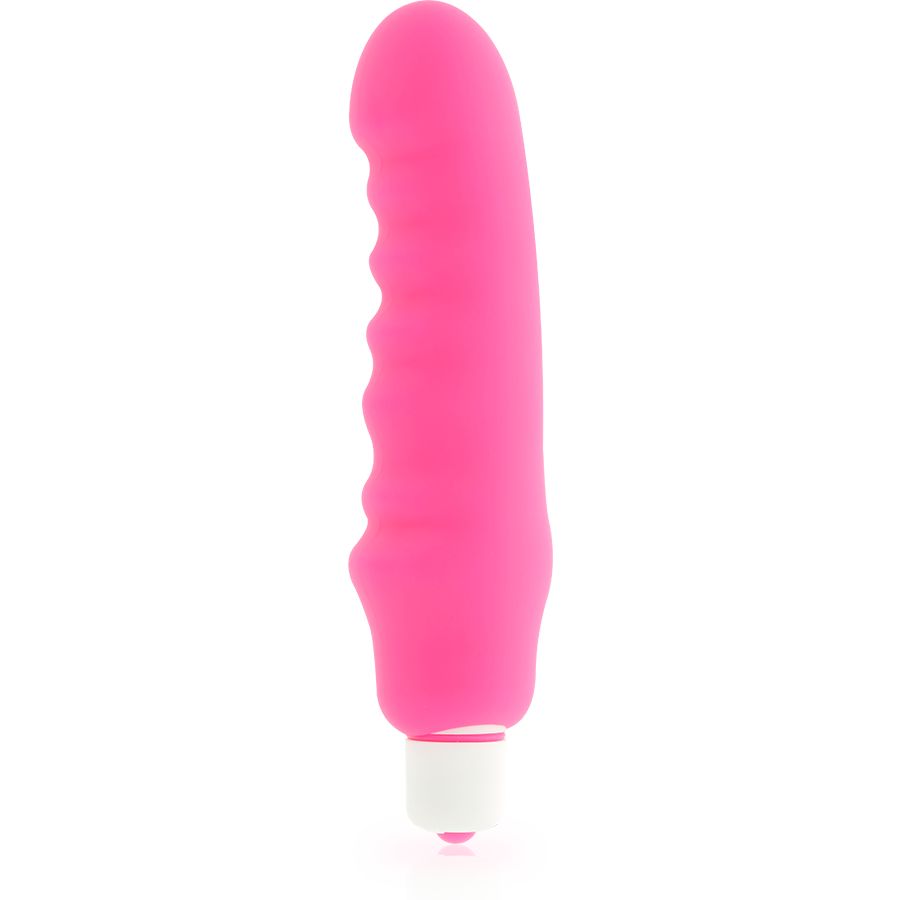 Rosa Silikon-Vibrator mit geriffelter Oberfläche und weißem Sockel. Längliche Form.