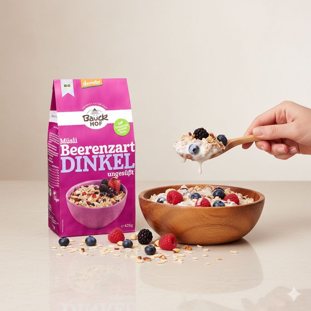 Holzlöffel mit Dinkel Müsli, Beeren und Joghurt über einer Schüssel.