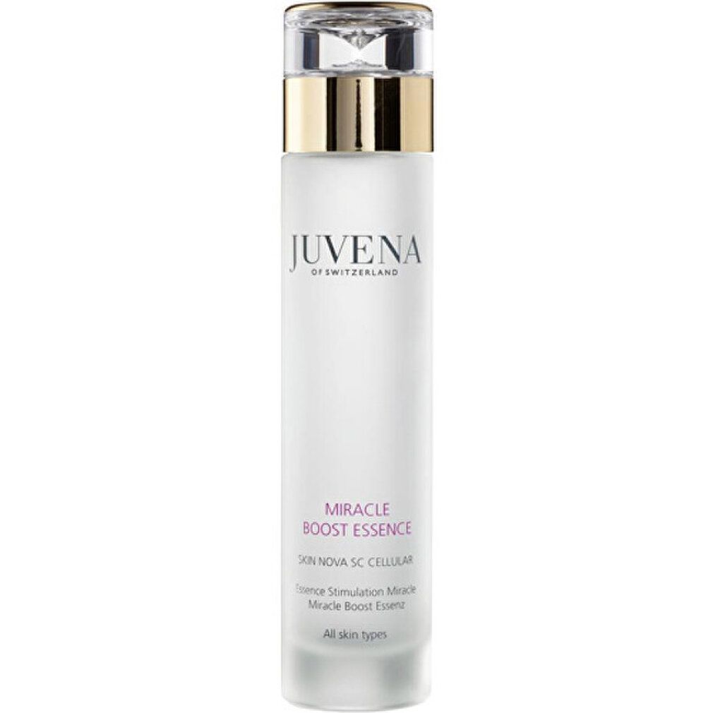 Weißes Flakon mit goldfarbenem Deckel. Juvena Miracle Boost Essence. Für alle Hauttypen.