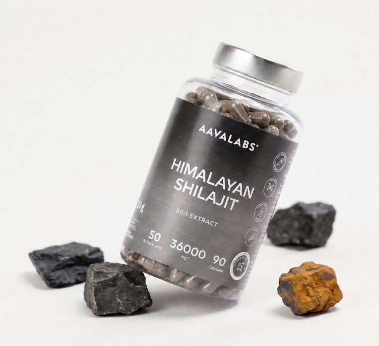 Aavalabs Himalaya Shilajit Kapselbehälter mit Steinen.