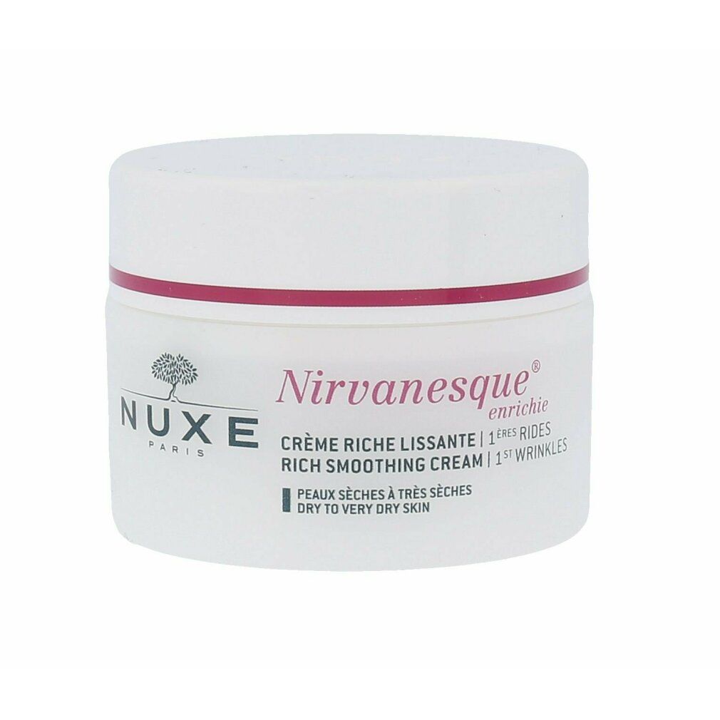 Weißer Tiegel mit Deckel. Aufschrift: NUXE, Nirvanesque, Crème Riche Lissante, Rich Smoothing Cream. Für trockene bis sehr trockene Haut.