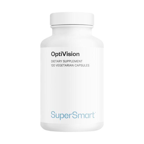 Weiße Flasche mit OptiVision-Etikett und SuperSmart-Logo. Enthält 120 vegetarische Kapseln.