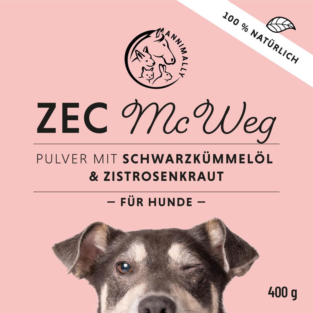 Rosa Etikett mit Logo und Text: ZEC Mc Weg, Pulver mit Schwarzkümmelöl & Zistrosenkraut - FÜR HUNDE -. 400 g. Hund.