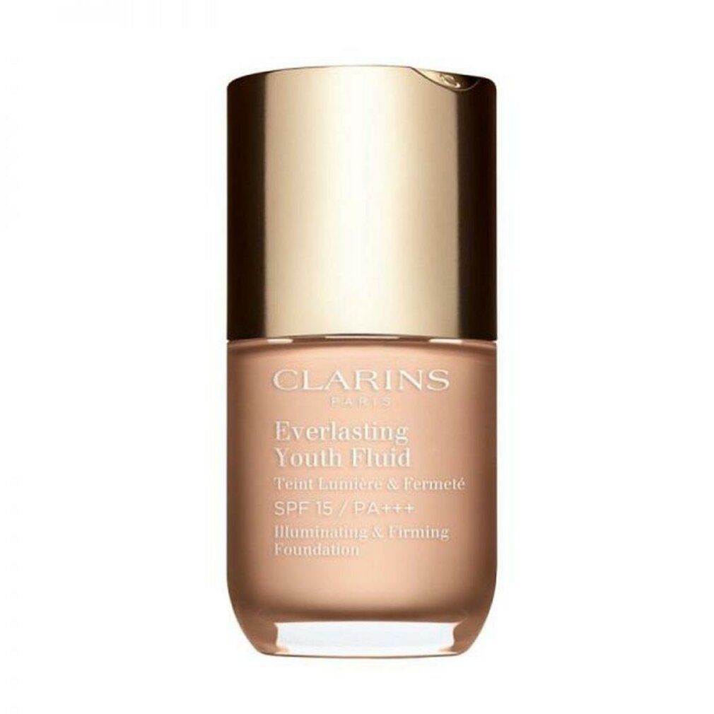 EVERLASTING YOUTH Fluid von Clarins. Beige Flasche mit goldenem Deckel. Text: Everlasting Youth Fluid, SPF 15/PA+++.