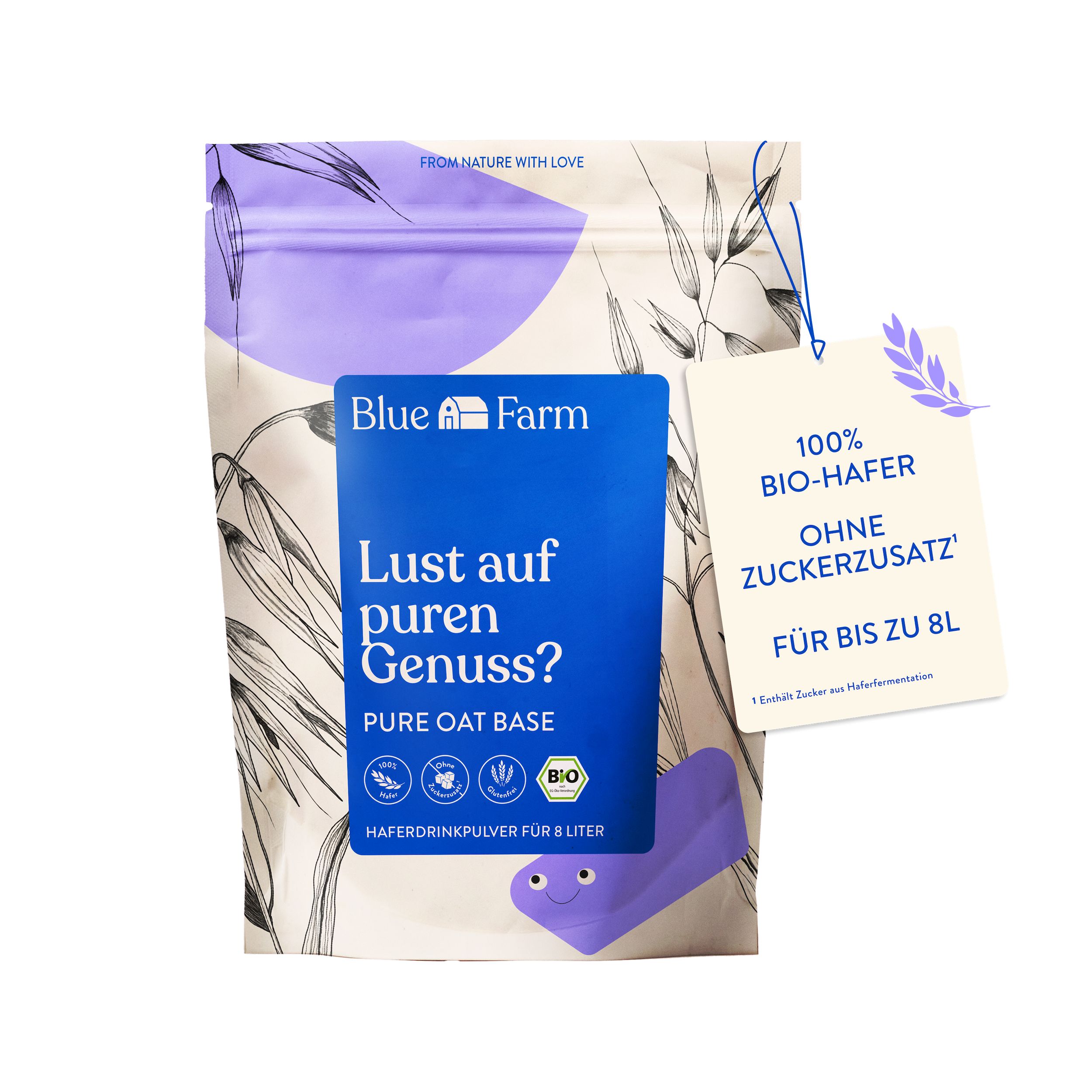 Beutel mit Blue Farm Pure Oat Base (Bio). Aufschrift: Pure Oat Base, Bio-Hafer, ohne Zuckerzusatz.