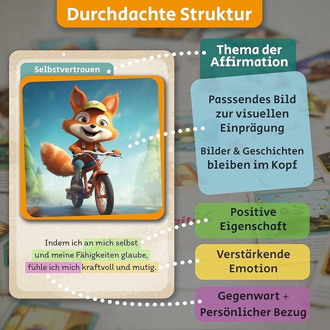 Kogitoo Affirmationskarten für Kinder. Karte mit Illustration eines Fuchses auf dem Fahrrad. Text über Selbstvertrauen und positive Eigenschaften.