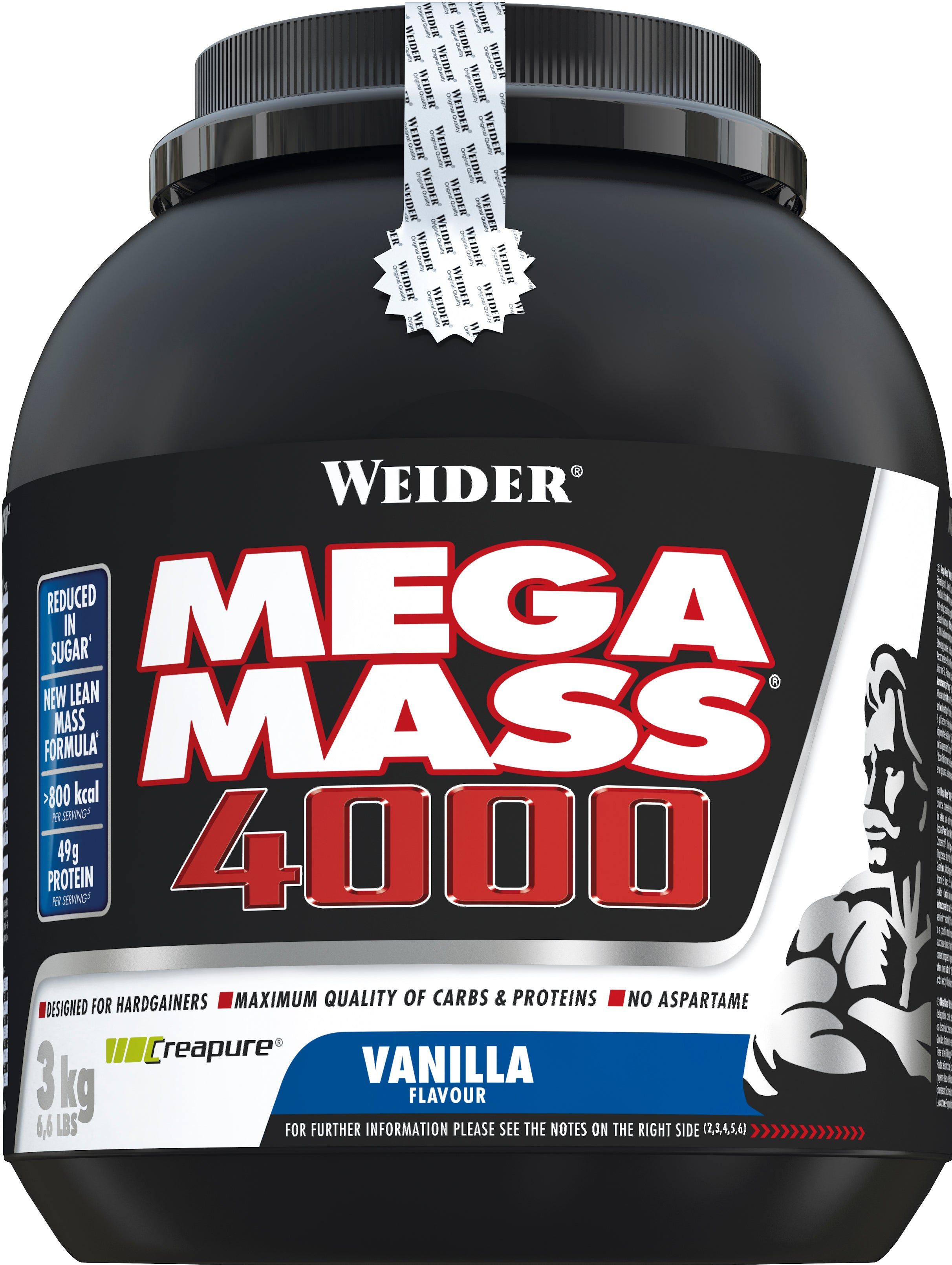 Weider Mega Mass 4000, 3kg Vanille. Schwarzer Behälter mit Etikett, Muskelmann-Silhouette und Siegel.