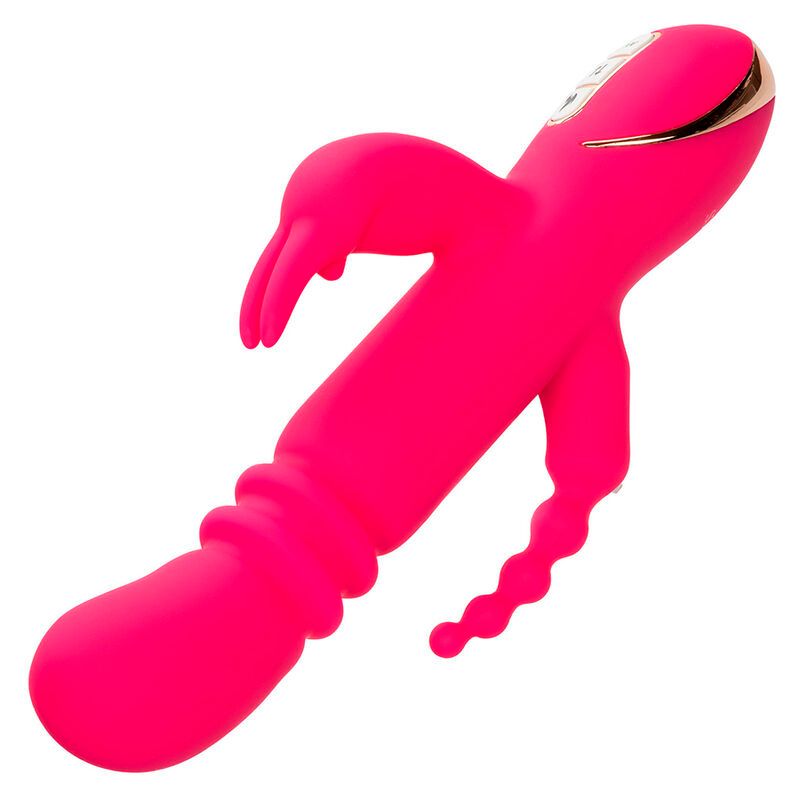 Pinkfarbener Vibrator mit Kaninchenohren und wellenförmigem Element. Goldfarbene Akzente und Bedienknöpfe.
