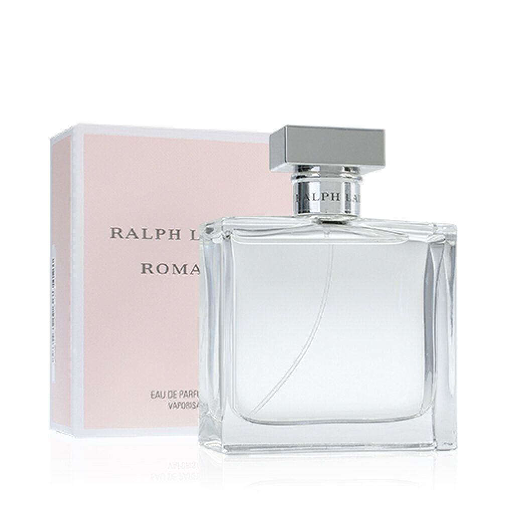 Ralph Lauren Romance Edp Spray. Klarer Flakon mit silbernem Verschluss. Rosa Verpackung mit Text. Eau de Parfum.