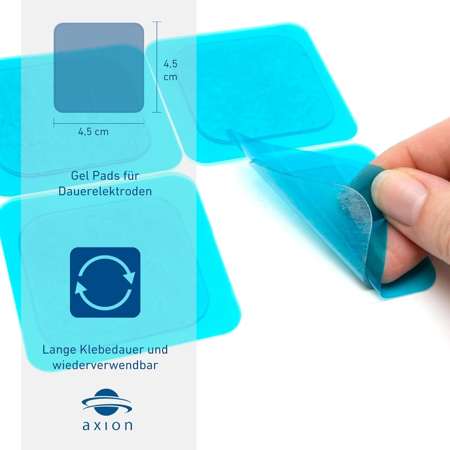Vierkantige Gel Pads mit Schutzfolie. Maße: 4,5 x 4,5 cm. Produktname: axion. Text in Deutsch. Gezeigt: Hände, Produkt.