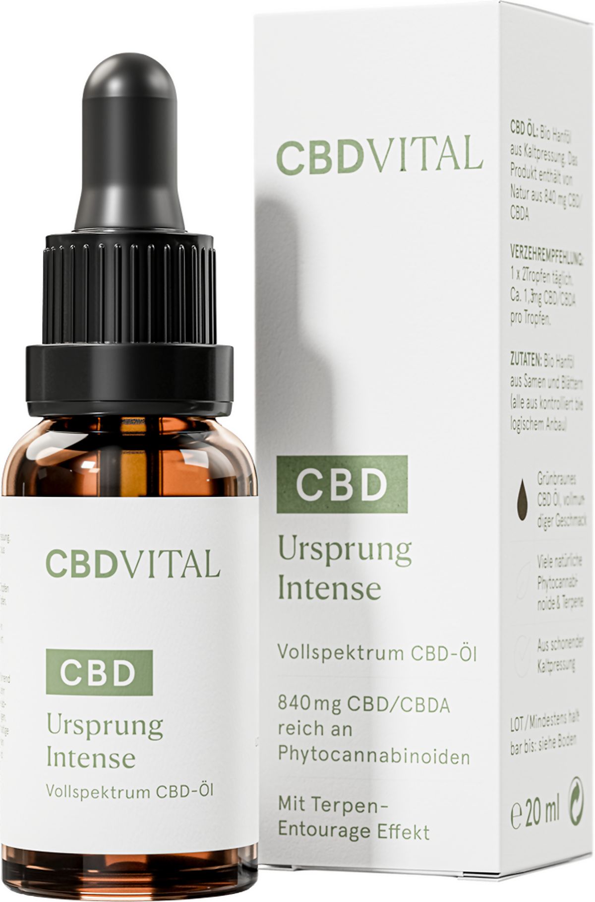 CBDVITAL Ursprung Intense Vollspektrum CBD-Öl in 20ml Flasche mit Pipette und Kartonverpackung.
