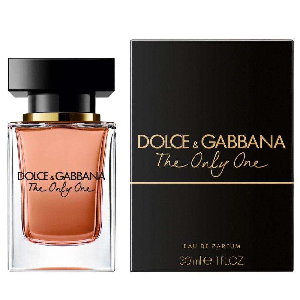 Flakon und Verpackung von Dolce & Gabbana The Only One. Schwarzer Deckel, goldener Kragen, rosafarbene Flüssigkeit. Schwarze Schachtel.