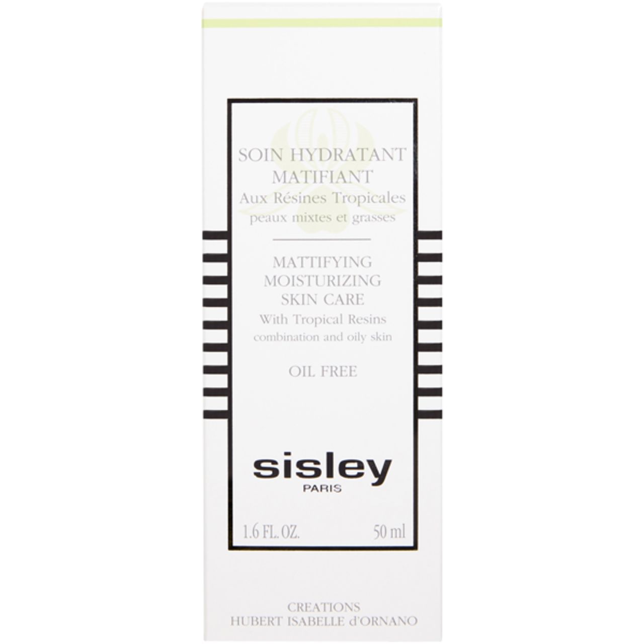 Weiße Schachtel mit schwarzer Schrift. Text: Soin Hydratant Matifiant, Sisley Paris, 1.6 FL. OZ. und 50 ml.