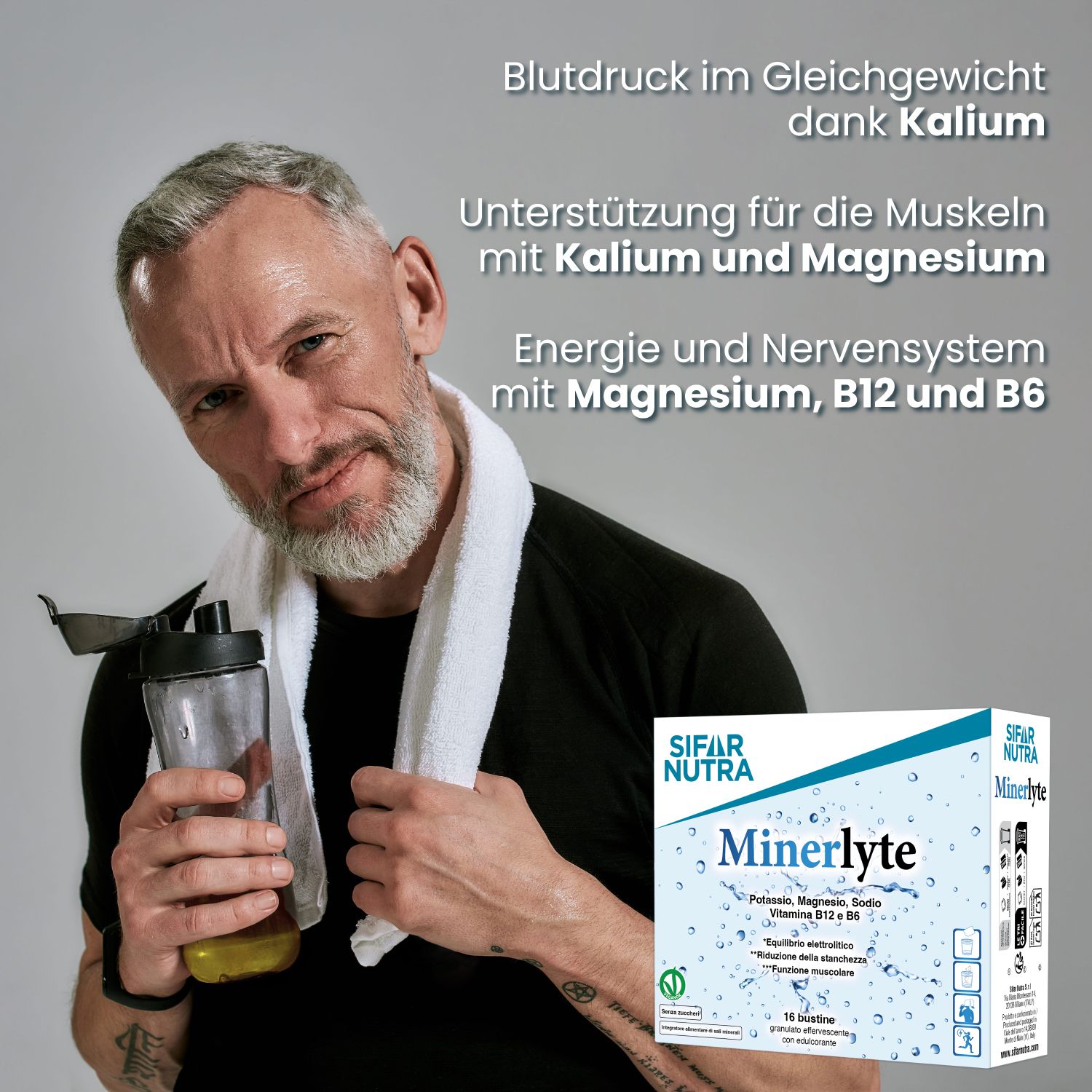 Mann hält eine Wasserflasche, Sifar Nutra Minerlyte Verpackung daneben.