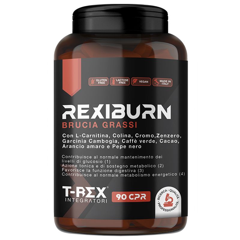 Flacone marrone con tappo nero. Scritta: REXIBURN Bruciagrassi. 90 compresse. Senza glutine, senza lattosio, vegano.