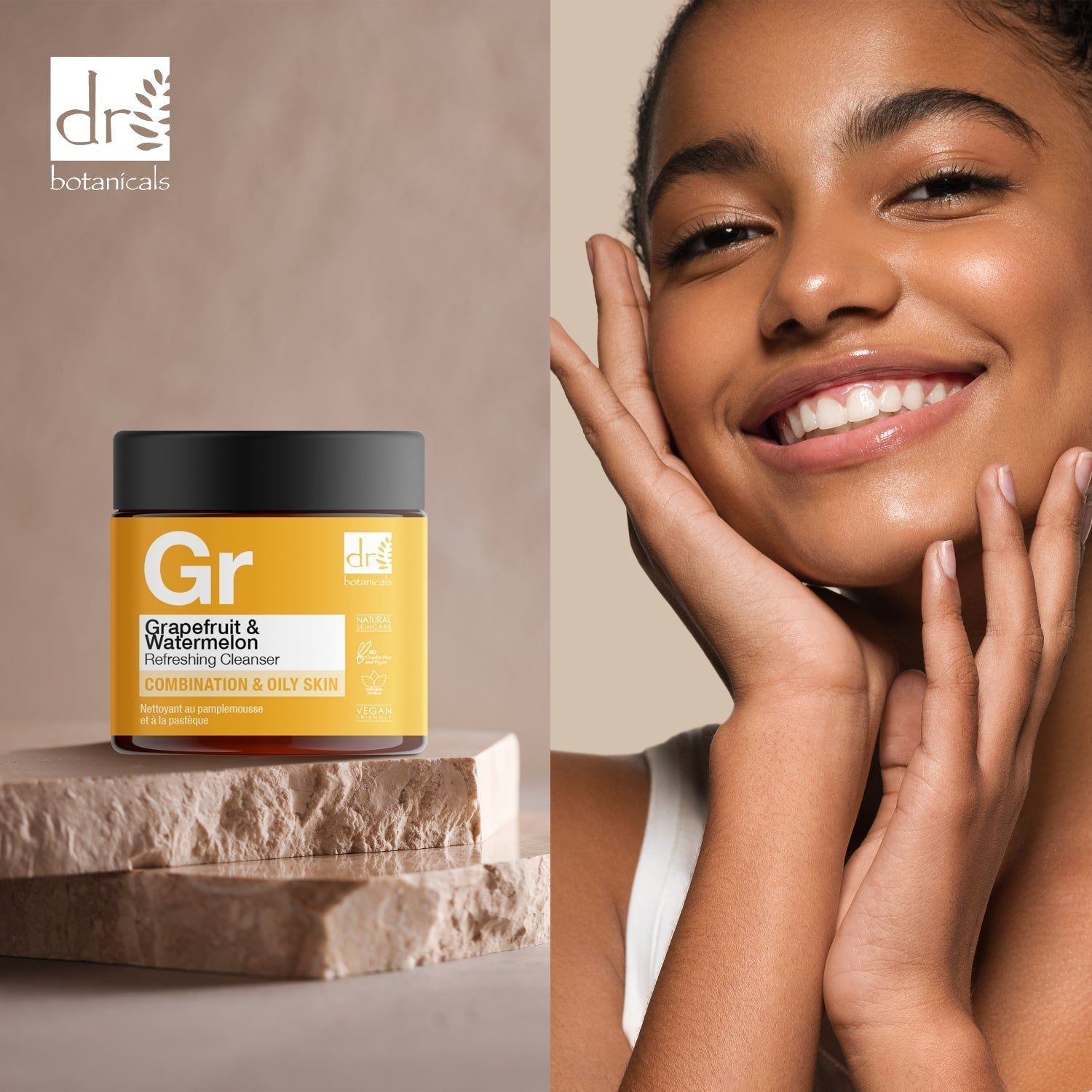 Gelber Tiegel auf Steinen. Aufschrift: Grapefruit & Watermelon Refreshing Cleanser. Kombination & ölige Haut. Frau lächelt.