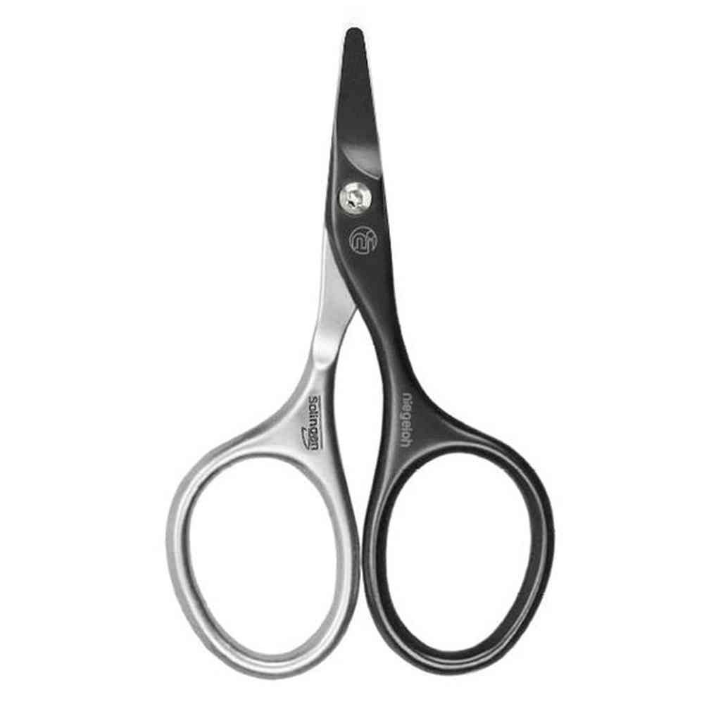 Schwarze Baby-Schere mit abgerundeten Spitzen. Marke Niegeloh Solingen. Metallgriffe, silberfarben. Geschwungene Form.