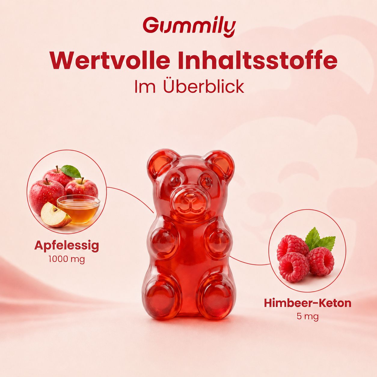 Gummily Apfelessig Gummibärchen: Apfelessig 1000 mg, Himbeer-Keton 5 mg.