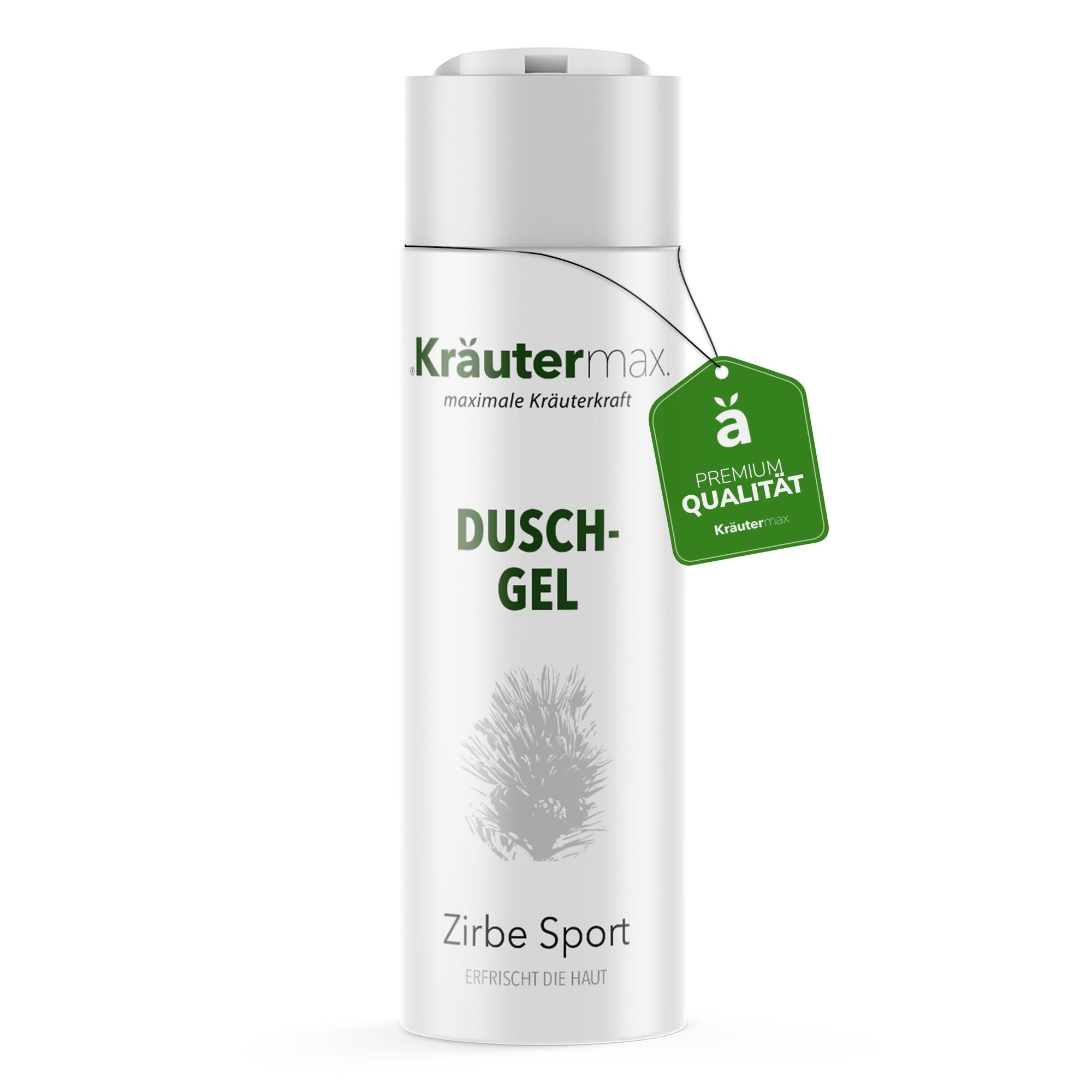 Weißes Duschgel mit grünem Anhänger. Aufschrift: Kräutermax, Duschgel, Zirbe Sport. Premium Qualität.