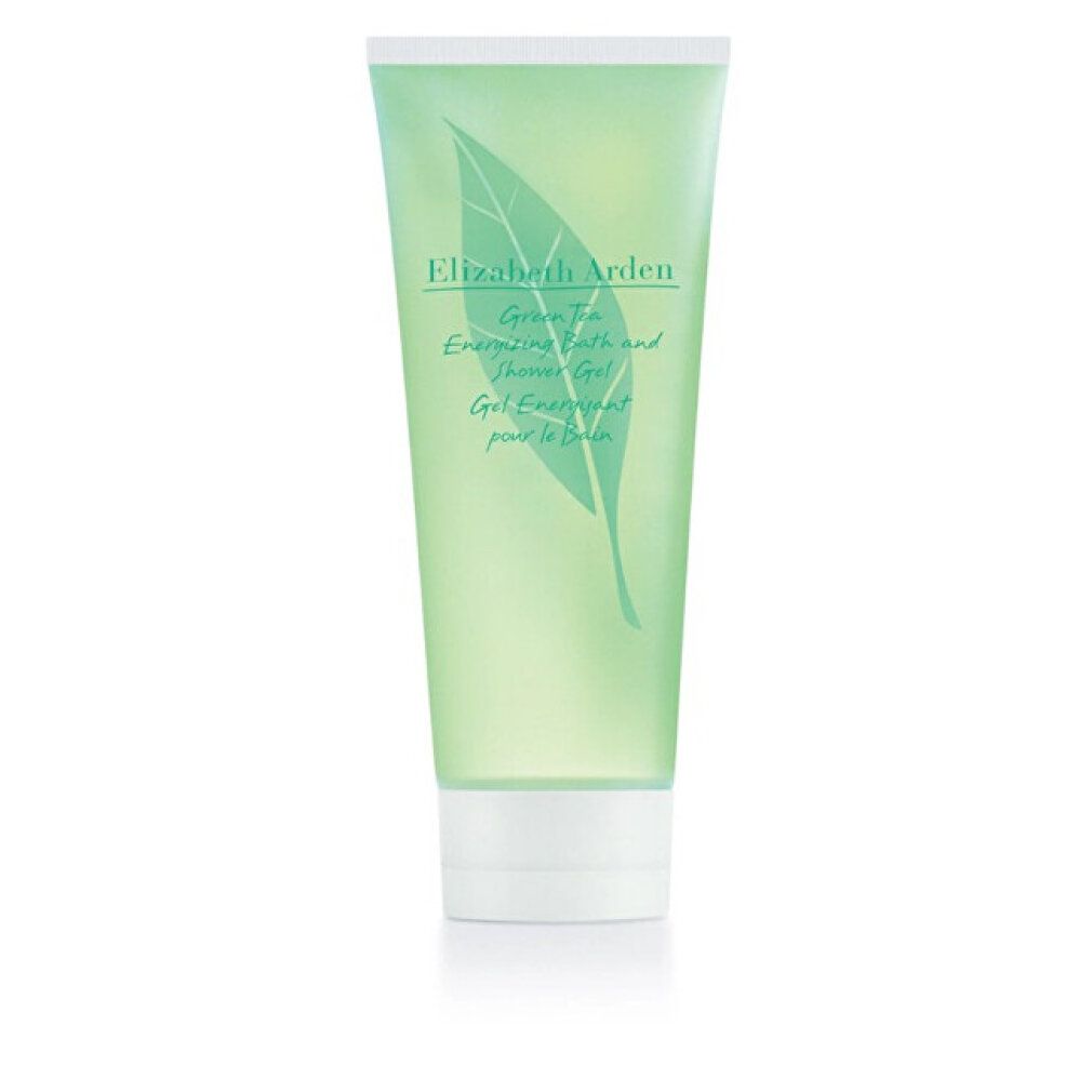 Grüne Tube mit weißem Deckel. Grünes Blatt-Logo und Text: Elizabeth Arden, Green Tea, Energizing Bath and Shower Gel.