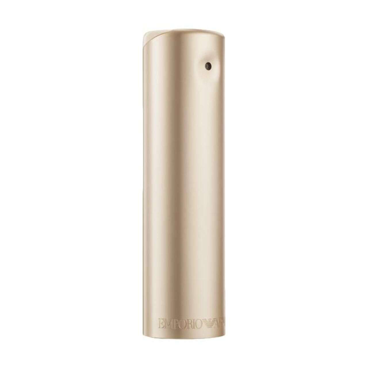 Goldfarbener, zylindrischer Flakon von Emporio Armani. Der Flakon hat eine abgerundete Oberseite und eine kleine Öffnung.