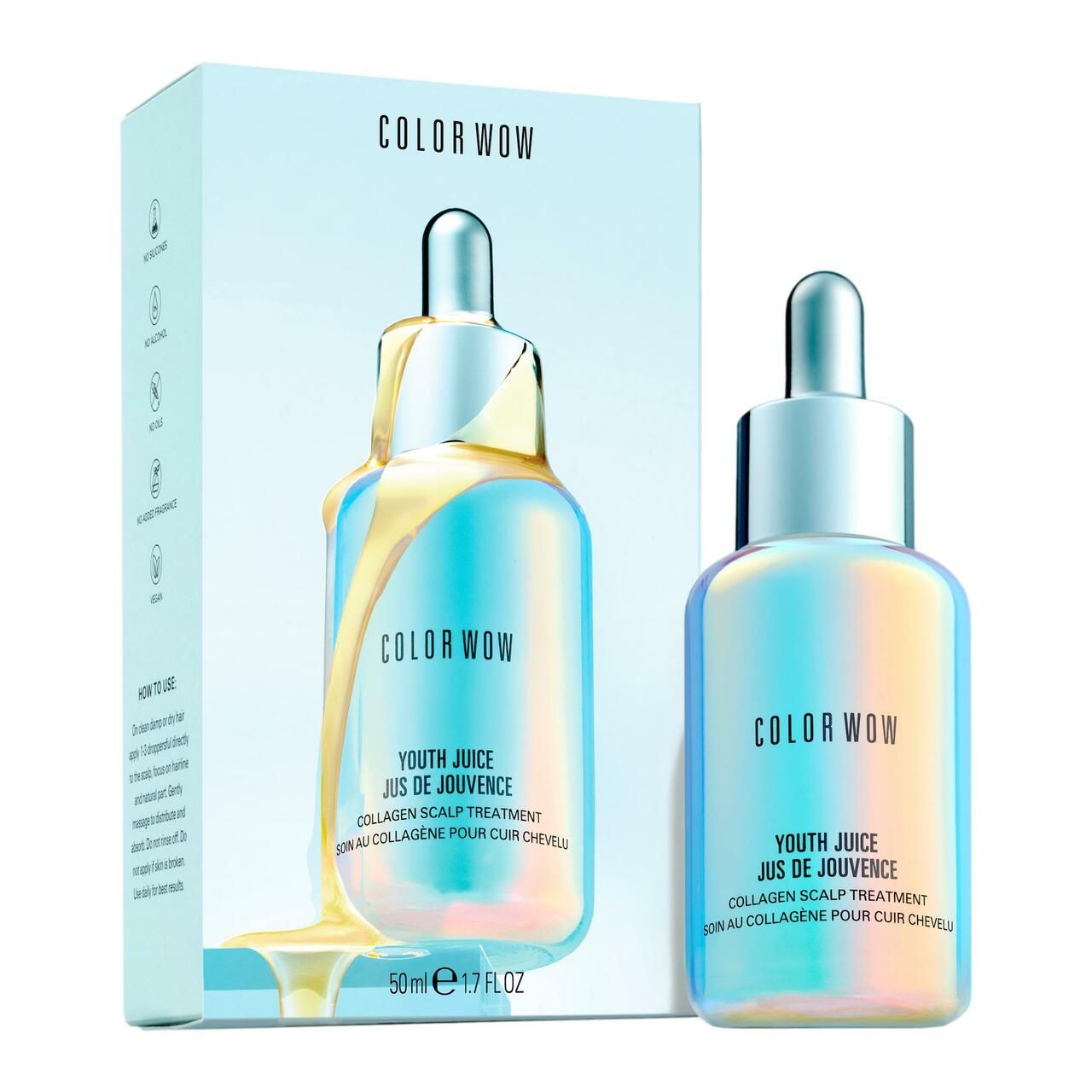 Produkt mit Verpackung. Aufschrift: COLOR WOW, YOUTH JUICE, COLLAGEN SCALP TREATMENT. Flasche und Schachtel mit Produktinformationen.