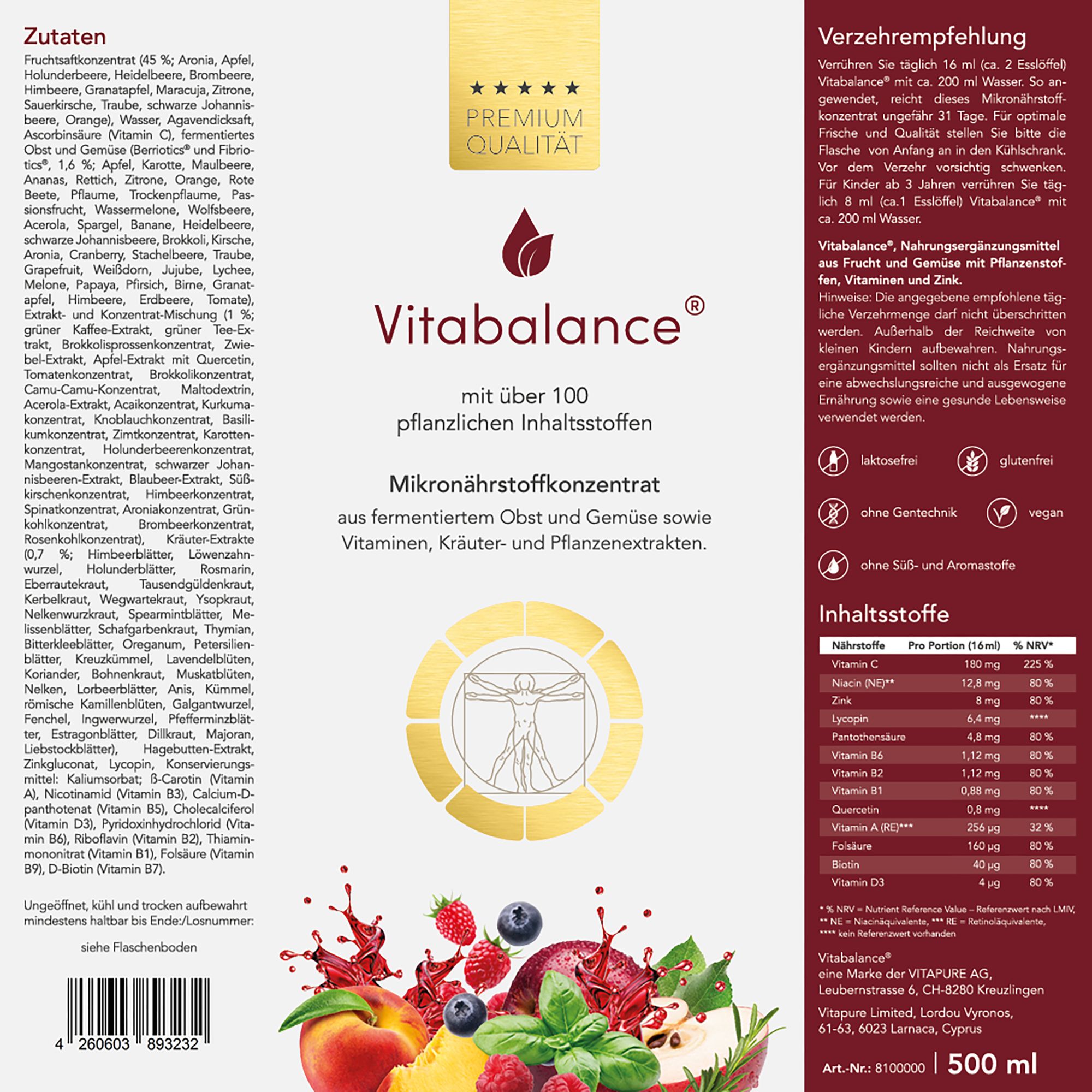 Rückseite der Vitabalance®-Flasche. Zutatenliste, Nährwerttabelle, Verzehrempfehlung, Warnhinweise.