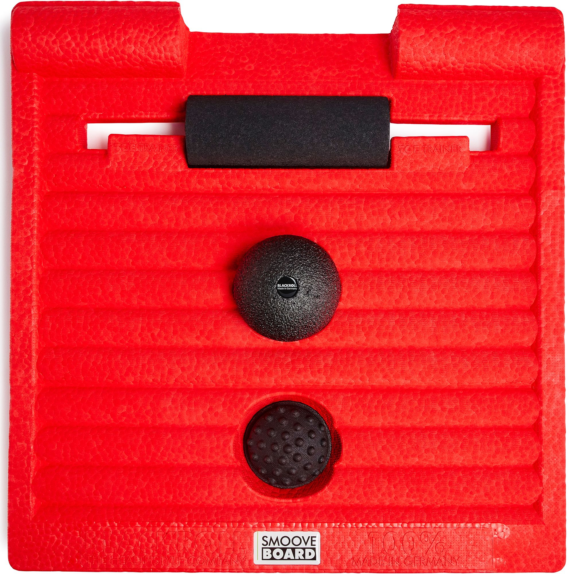 Rotes Stehbrett mit geriffelter Oberfläche. Enthält eine Rolle, eine Kugel und einen weiteren Einsatz. Aufschrift: SMOOVE BOARD.