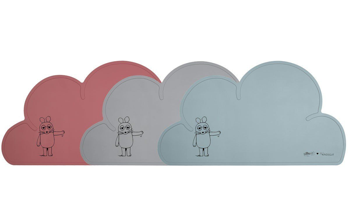 Drei Platzdeckchen in Wolkenform in Rosa, Grau und Blau. Maus-Illustrationen.