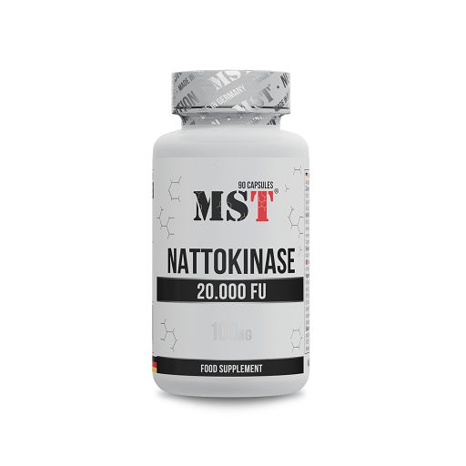 Weiße Flasche mit rotem und schwarzem Etikett. Aufschrift: MST Nattokinase 20.000 FU. 90 Kapseln. Food Supplement.