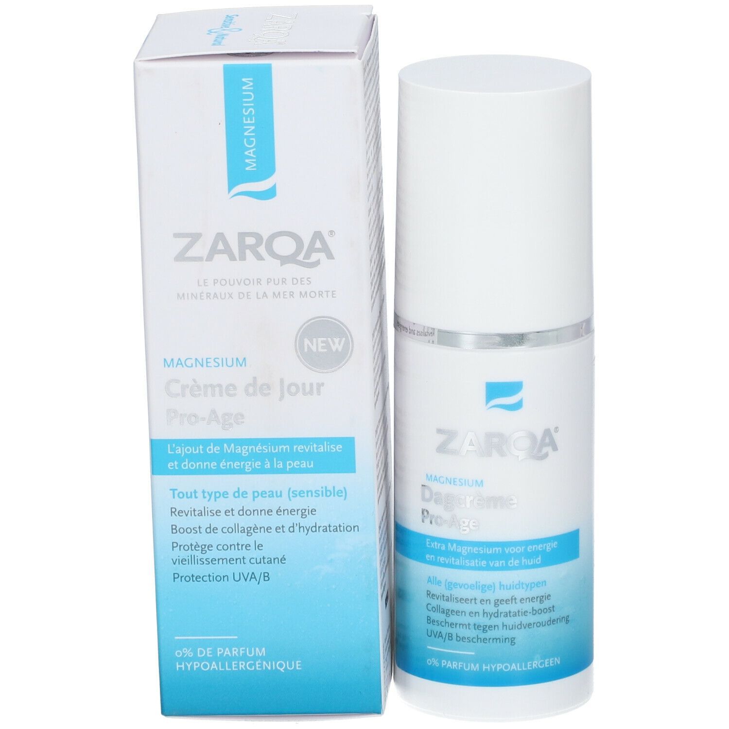 ZARQA Magnesium Crème de jour Pro-Age, produit et emballage. Texte: Magnesium, Pro-Age, ingrédients, certification.
