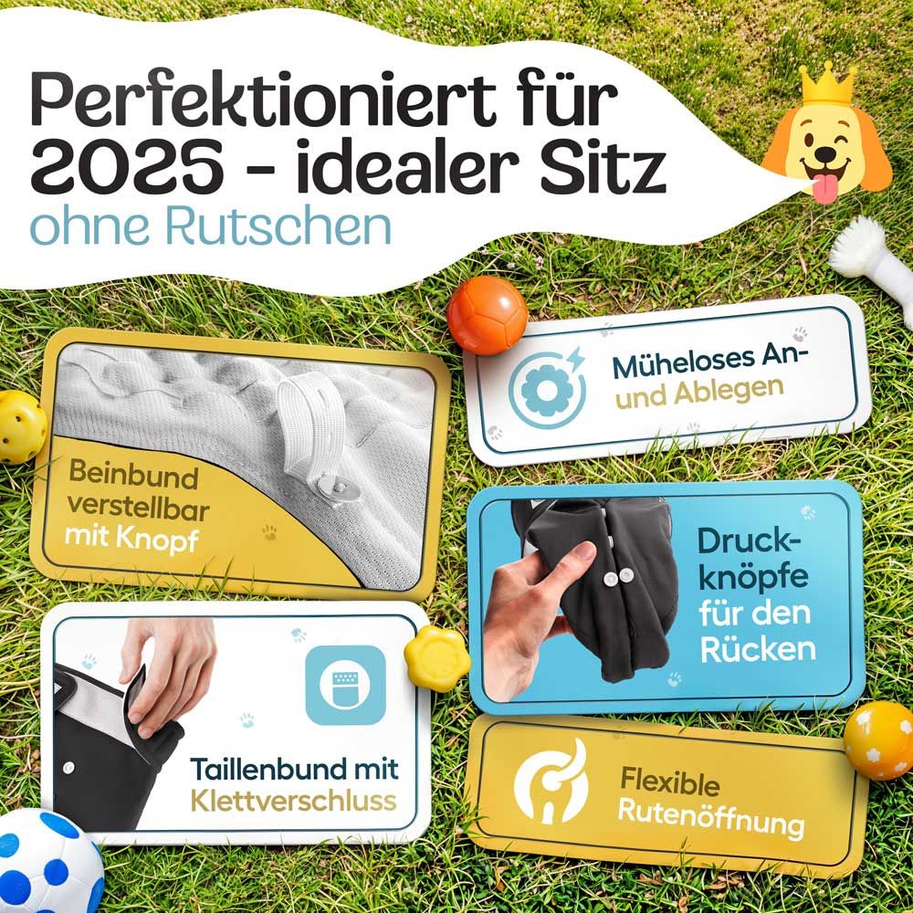 Text: Perfektioniert für 2025 - idealer Sitz ohne Rutschen. Beinbund, Taillenbund, Druckknöpfe, Öffnung.