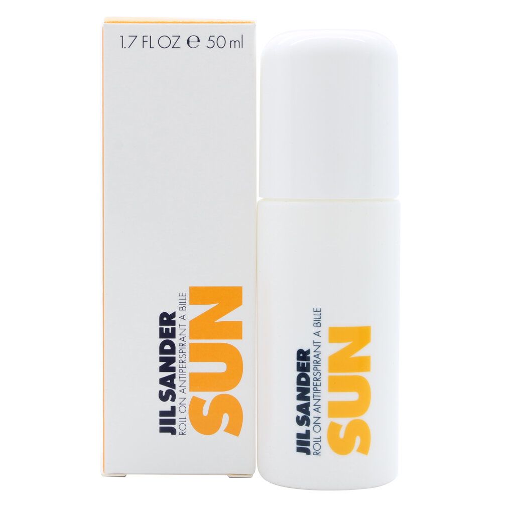 Jil Sander Sun Roll-On Antiperspirant, 50ml, weiße Verpackung und Flakon mit orangefarbenem Schriftzug.