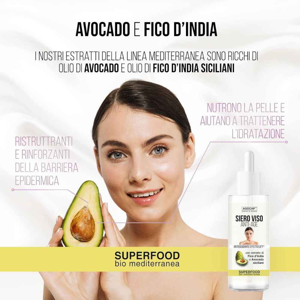 Gesichtsserum-Fläschchen. Aufschrift: Siero Viso Anti-Age. Mit Avocado und Feigenkaktus-Extrakt. Superfood. Frau hält Avocado.