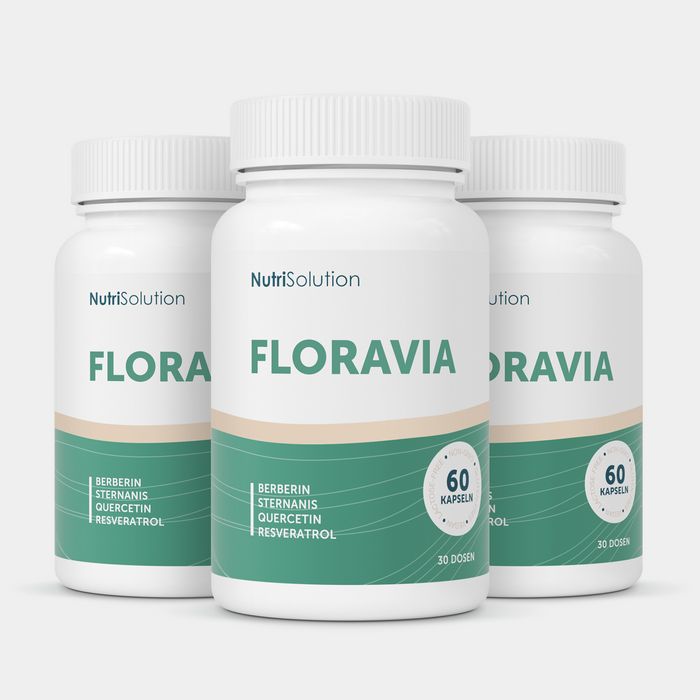 Drei weiße Flaschen mit dem Produktnamen FLORAVIA. Auf jeder Flasche steht "60 Kapseln".