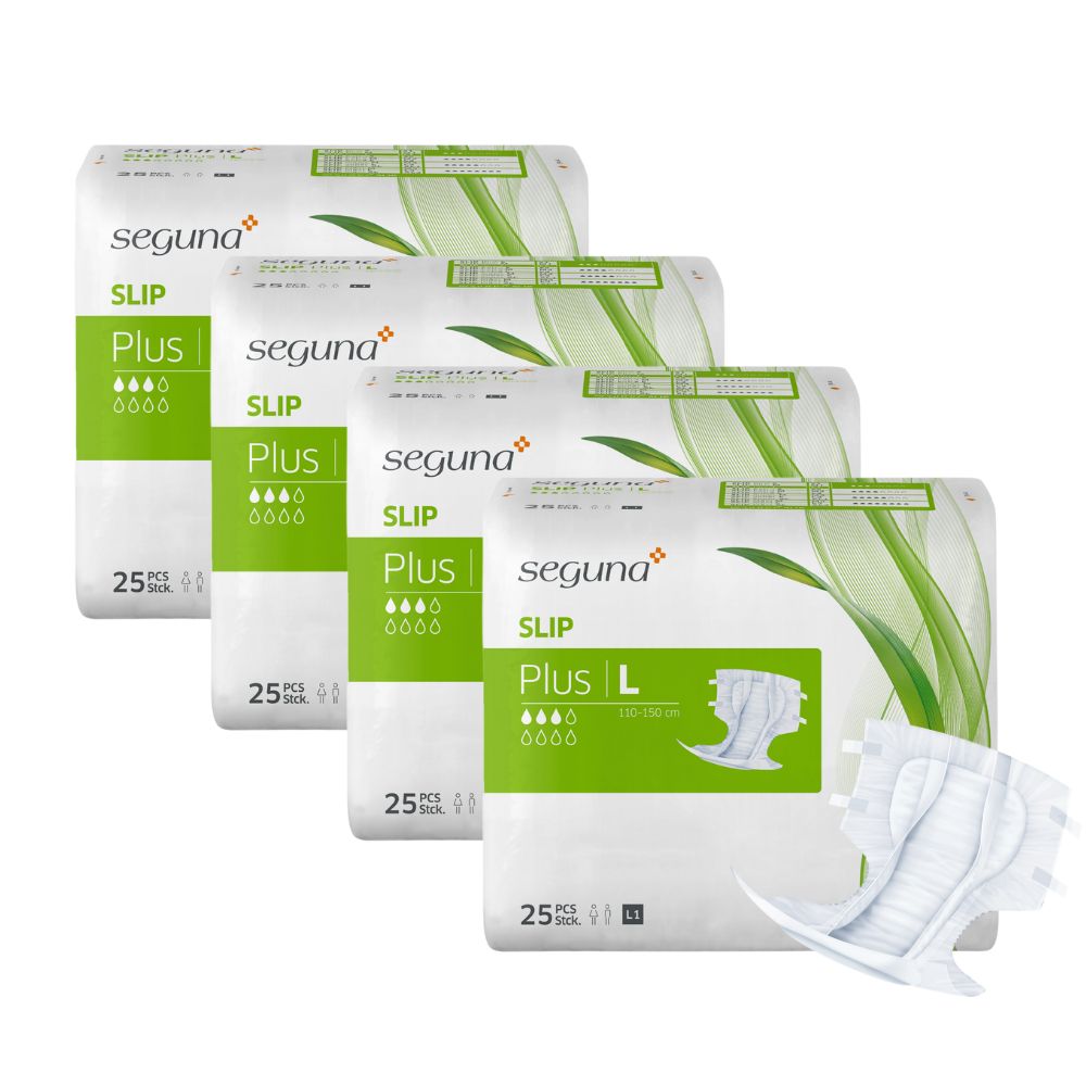 Vier Packungen SEGUNA Slip Plus. Aufdrucke: SLIP, Plus, 25 Stück. Ein Produkt ist geöffnet, mit sichtbaren Einlagen.