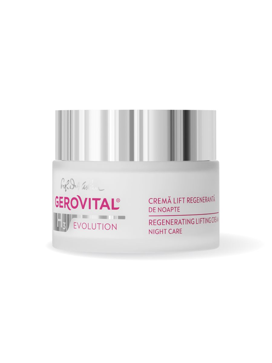 Creme-Dose. Gerovital H3 Evolution. Text: Cremă Lift Regenerantă, Regenerating Lifting Cream, Night Care.