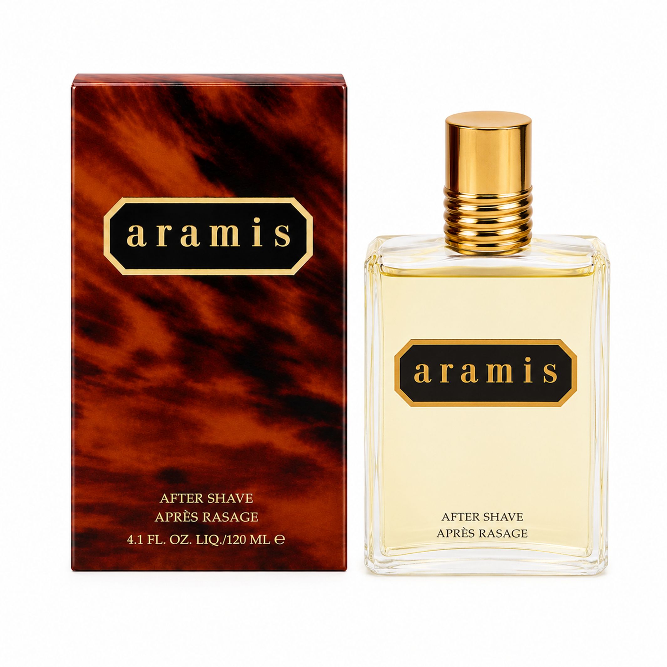 Aramis After Shave-Flakon und Verpackung. Rechteckige Flasche mit goldfarbenem Verschluss. Braune Verpackung mit Logo und Produktbezeichnung.