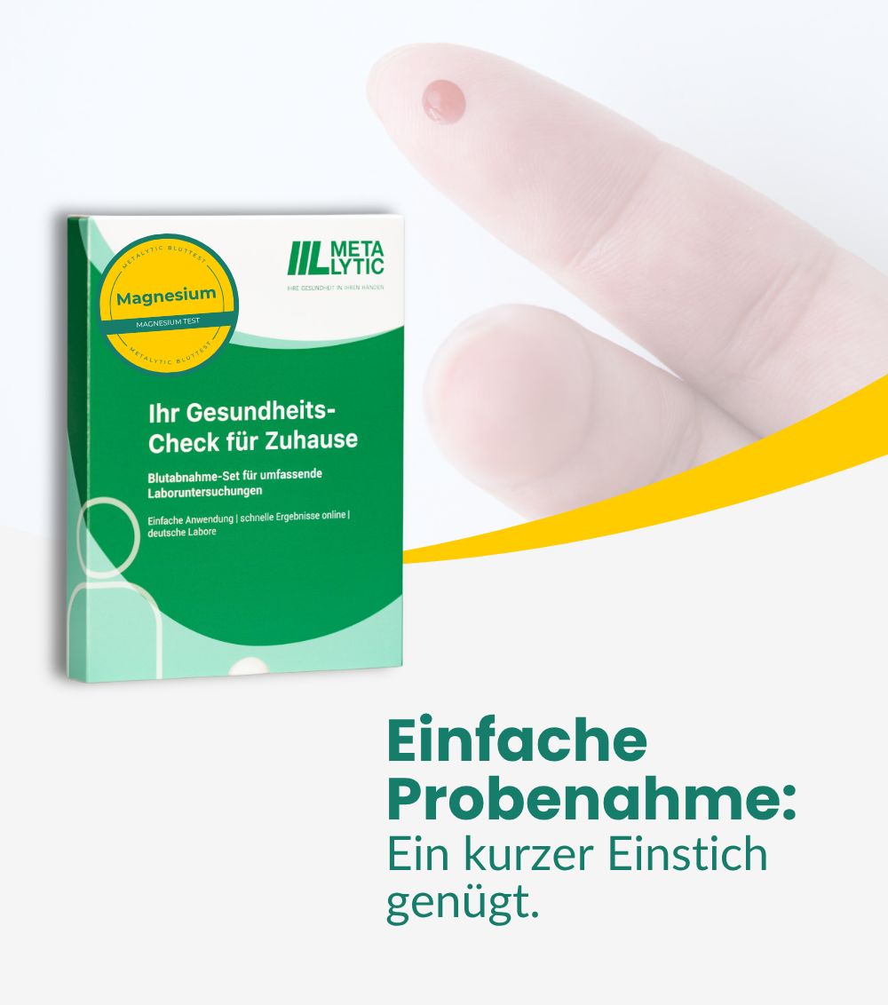 Finger mit Blutstropfen. Verpackung mit Text: Ihr Gesundheits-Check für Zuhause. Logo MetaLytic. Einfache Probenahme.