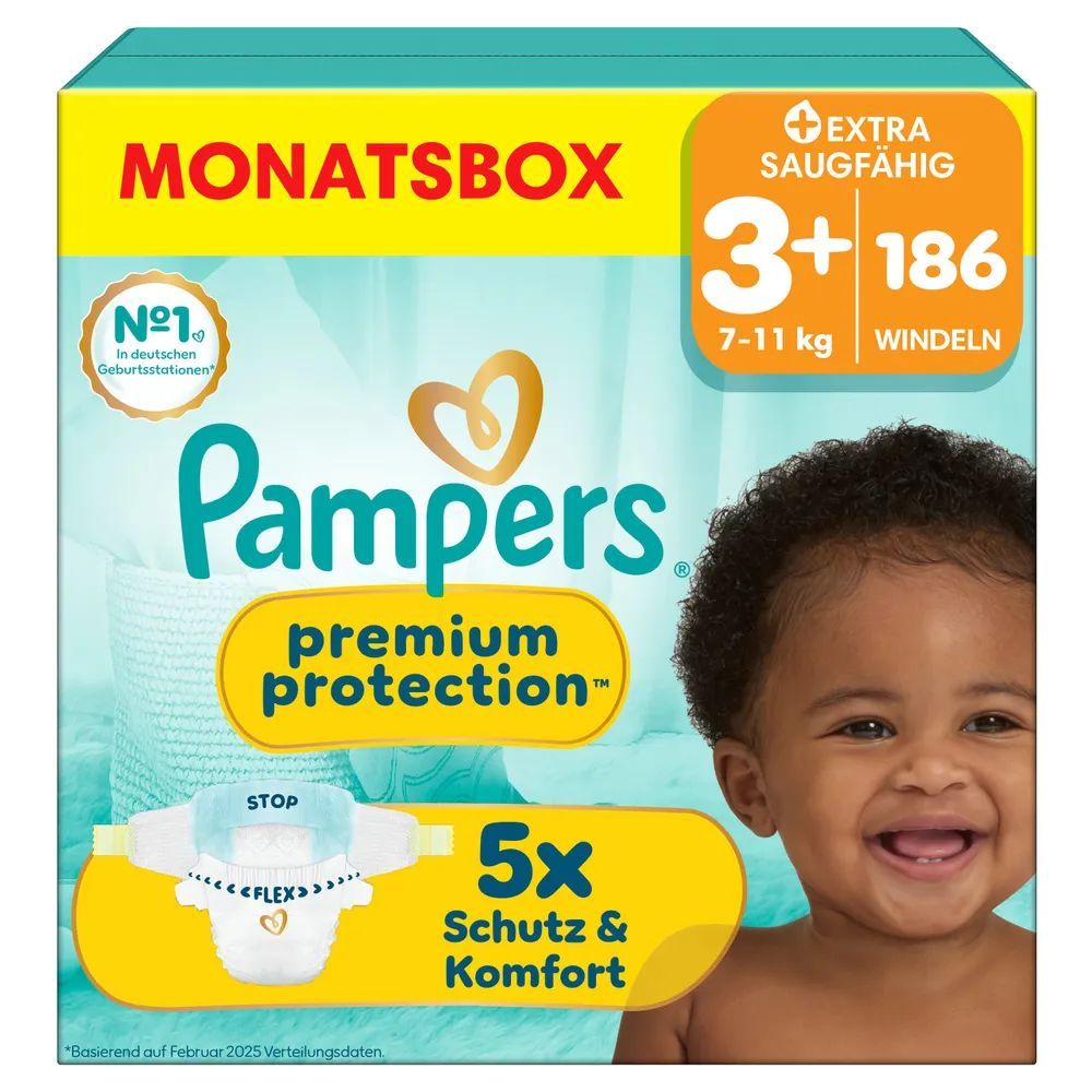 Pampers Premium Protection Gr.3+ Midi Plus 7-11kg Windeln Monatsbox 186 St