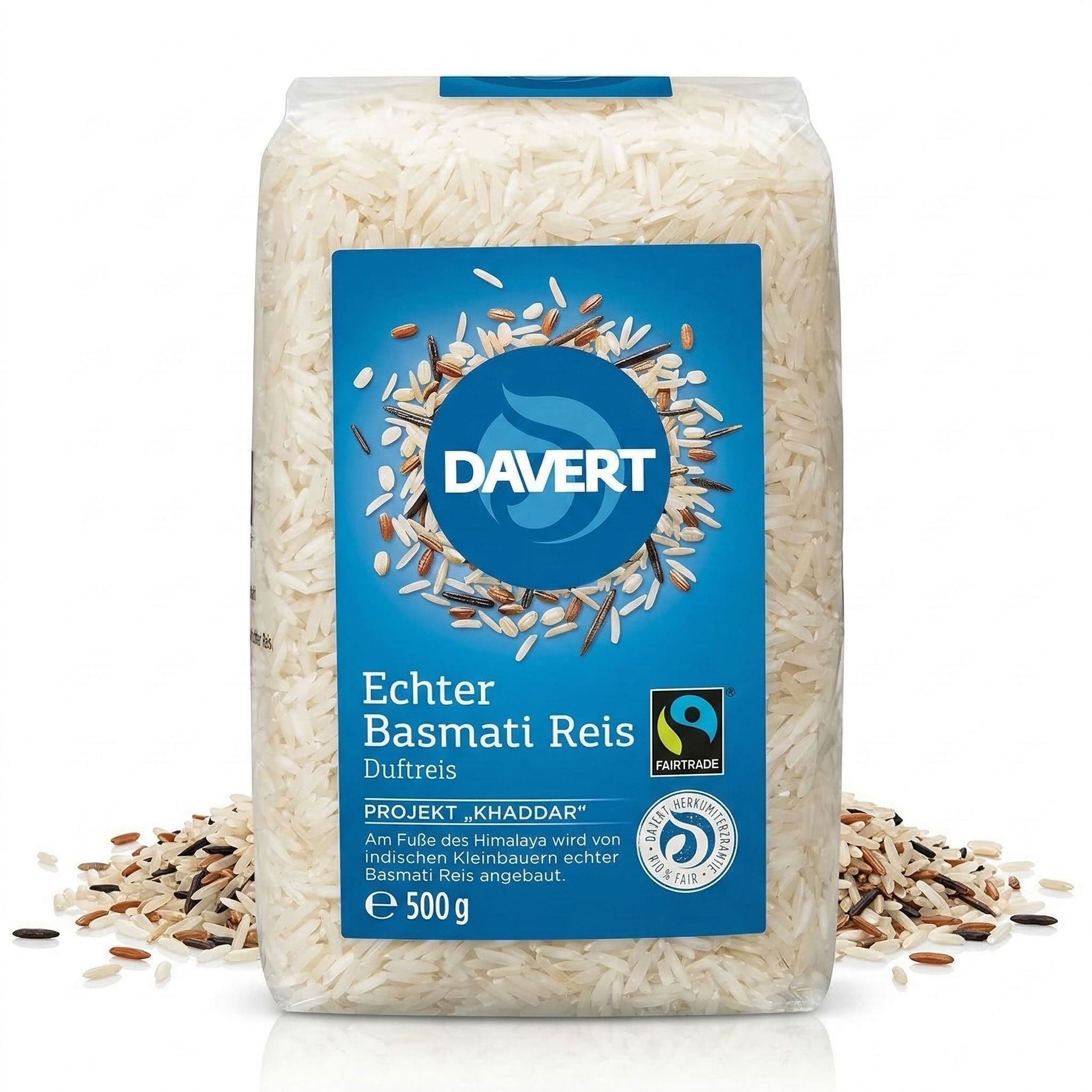 Davert Echter Basmati Reis, weiß, 500g Packung mit Fairtrade-Siegel.