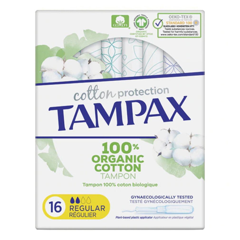 Verpackung mit Tampons. Marke TAMPAX, 100% Bio-Baumwolle, 16 Stück. Mit Zertifizierungen und Produktinformationen.