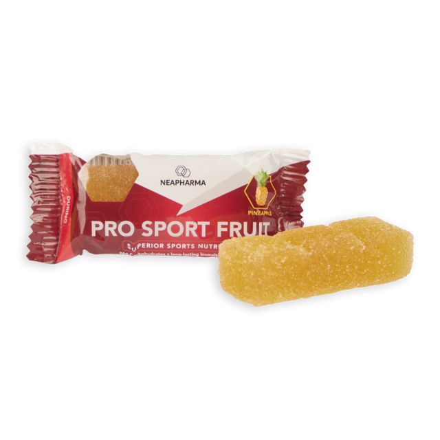 Neapharma Pro Sport Fruit Ananas: Einzelner Riegel und Fruchtgummi-Riegel.